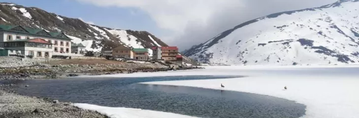 The view of Gokyo Lake and guest houses.