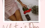 roses, chocolates and woman sitting on the bed
